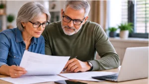 Older adult meeting with a professional in a bright care setting for an important document signing