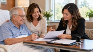 Mobile notary meeting with an older signer and family member in a care setting